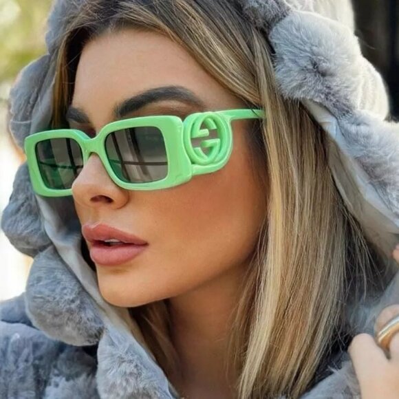 BRAND NEW Gucci GG1325S 009 Acid Green Grey Rectangle Unisex Sunglasses - Picture 9 of 10